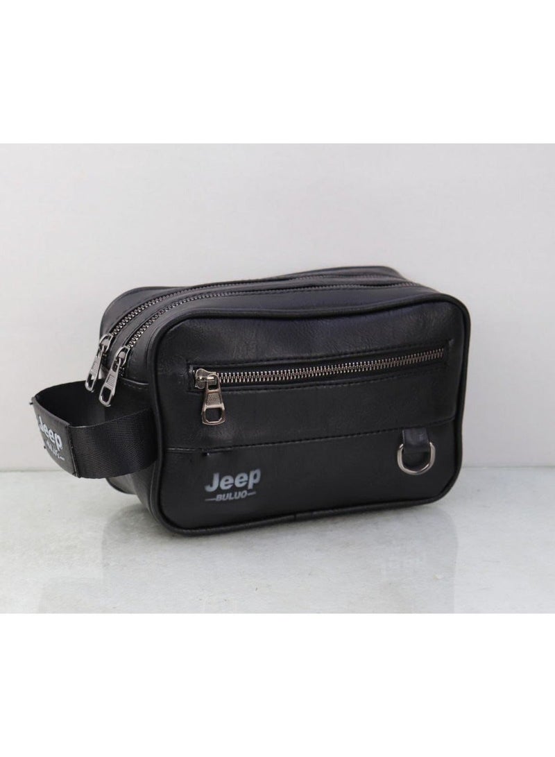 Jeep Men's luxury faux leather handbag with a stylish, modern design – multiple pockets with double zippers for perfect organization of your phone, wallet, and keys – durable material resistant to daily wear and tear – comfortable handle and practical capacity – suitable for outings, daily commutes, and travel – Black color - Image 1
